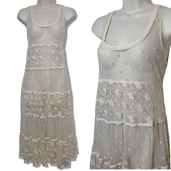 Billabong Maxi Lace Cream Sleeveless Tier Layered Boho Dress Layering Swim Cover - Picture 1 of 9